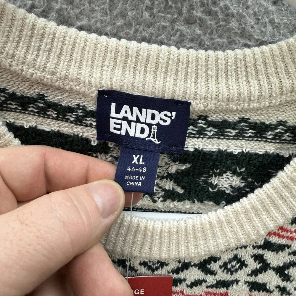 Lands End Sweater Adult XL Multicolor Fair Isle Knit Crewneck‎ Geometric Dog NEW